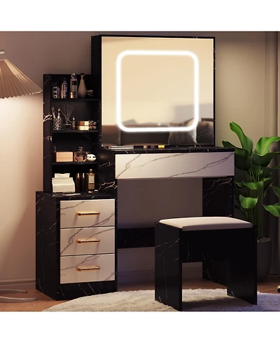 homfan Vanity Desk with Sliding Led Mirror, 4 Drawers, Storage Shelves, Power Outlet, Cushioned Stool, 3-Light Makeup Table, Marble