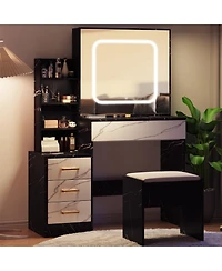 homfan Vanity Desk with Sliding Led Mirror, 4 Drawers, Storage Shelves, Power Outlet, Cushioned Stool, 3-Light Makeup Table, Marble