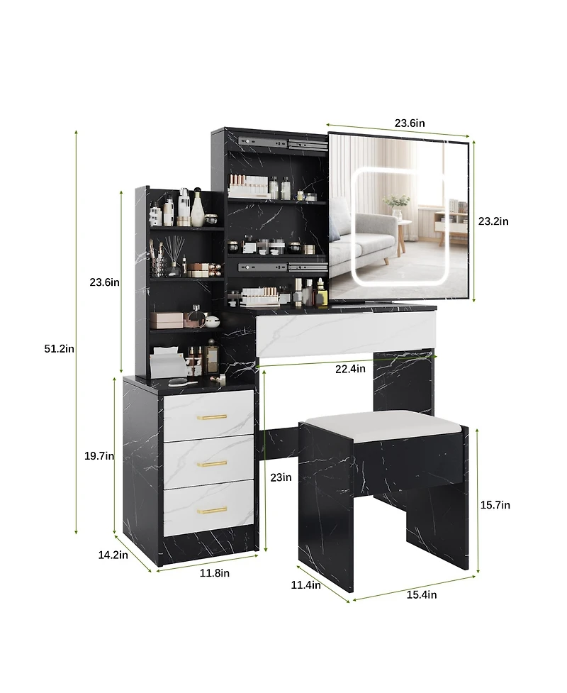 homfan Vanity Desk with Sliding Led Mirror, 4 Drawers, Storage Shelves, Power Outlet, Cushioned Stool, 3-Light Makeup Table, Marble