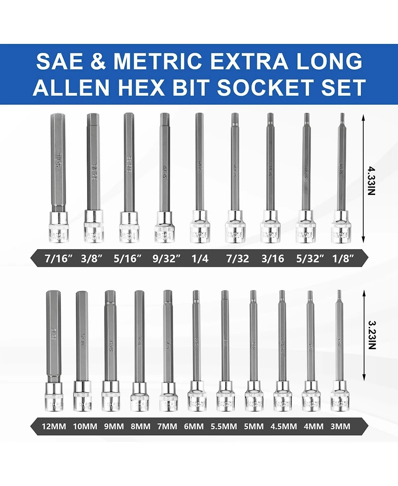 Xdovet Extra-long Allen Hex Bit Socket Set 3/8inch Drive Sae Metric Cr-v S2 Steel