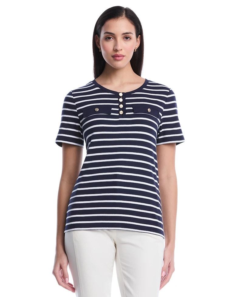 Rafaella Petite Striped Welt Pocket Short-Sleeve Top