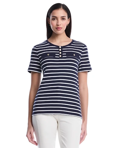 Rafaella Petite Striped Welt Pocket Short-Sleeve Top