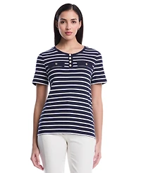 Rafaella Petite Striped Welt Pocket Short-Sleeve Top