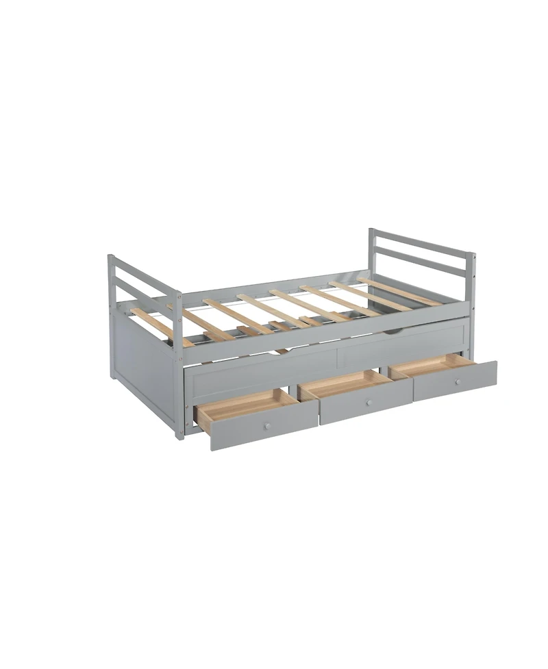 Sailvan Bed with Headboard, Footboard, Trundle and 3 Storage Drawers, Pine Wood Bed