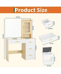 gaomon Modern Vanity Desk with Mirror and Led Lights 3-Color Adjustable Lighting, 4 Drawers, Built-In Outlets, Bedroom Makeup Dressing Table