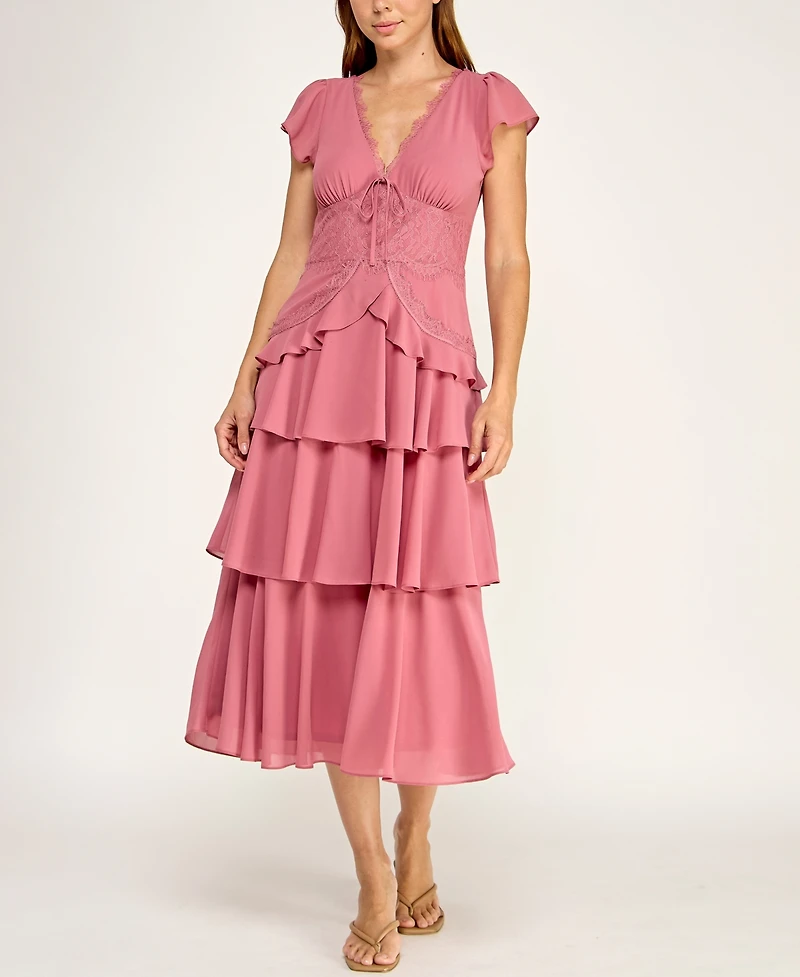 Row A Juniors' Lace Trim Tiered Midi Dress