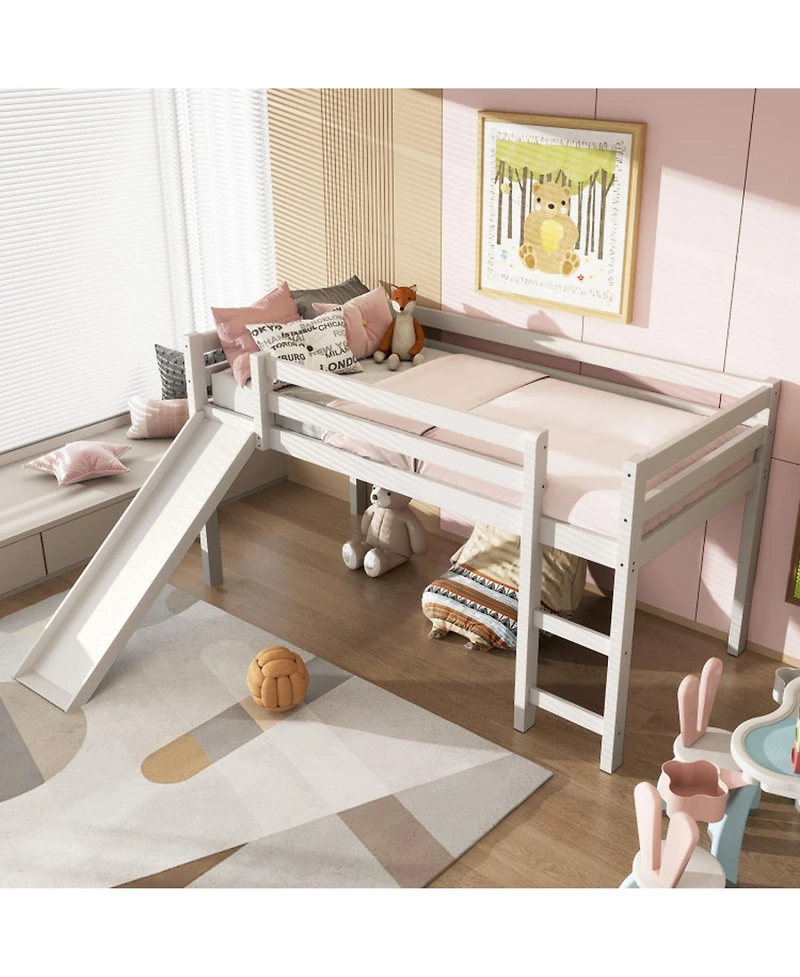 Gouun Twin Low Loft Bed with Slide and Double Ladder Access