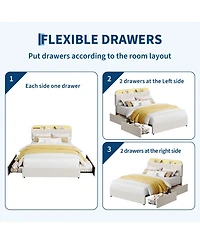 homfan Bed Frame with 2 Flexible Drawers, Velvet Upholstered Platform Bookcase Headboard and Led Lights, Easy Assembly, Noise Free