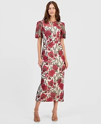 Adrianna Papell Women's Embroidered Puff Sleeve Dress