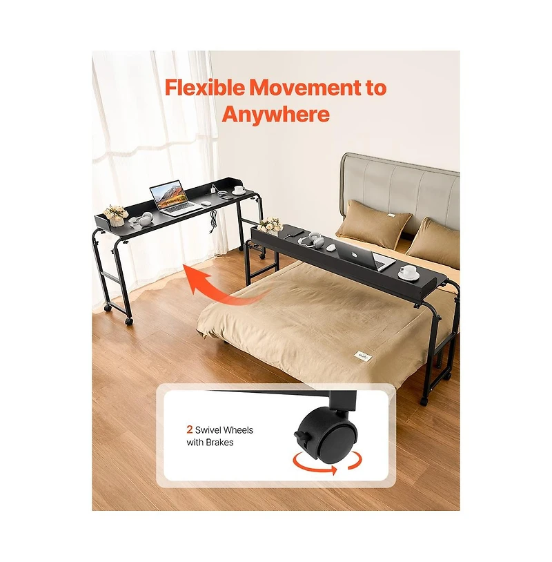 Sugift Mobile Overbed Desk with Power Outlets and Usb Ports 4 Wheels Adjustable