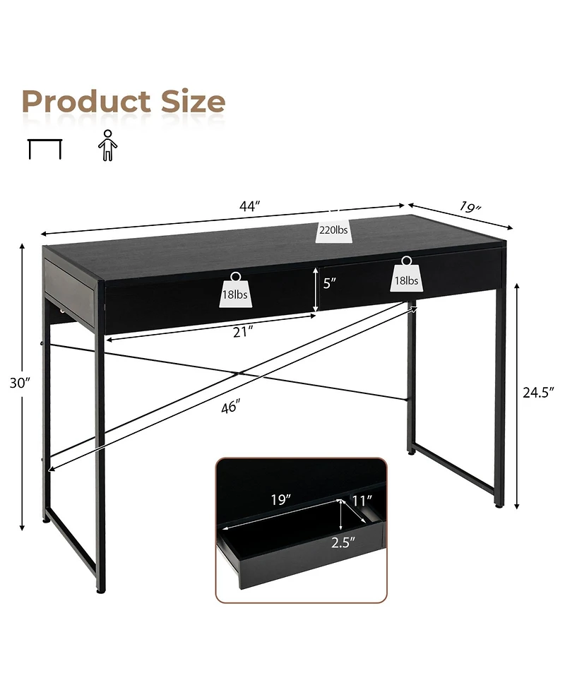 Gouun 2-Drawer Steel-Frame Writing Desk with Anti-Topple Hardware, Depth
