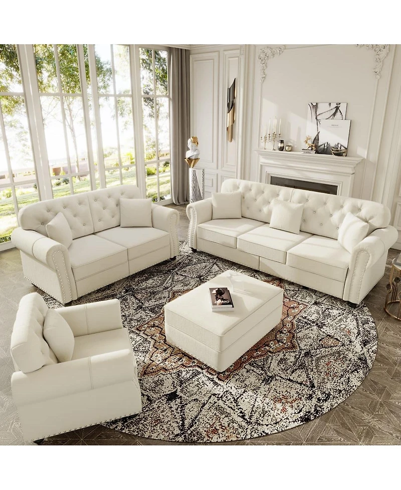Maison Boucle Velvet Loveseat Sofa, Chesterfield Tufted Nailhead, Rolled Arms