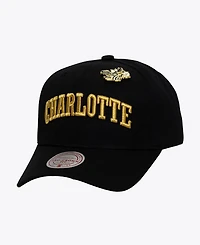 Mitchell & Ness Men's Black Charlotte Hornets Hardwood Classics Pinned Gold Pro Crown Snapback Hat
