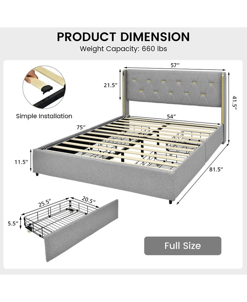 Gouun Full Upholstered Platform Bed Frame with Tufted Headboard and 4 Drawers