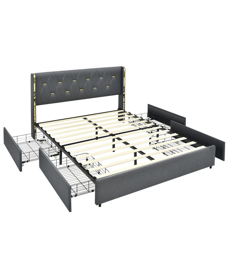 Gouun Full Upholstered Platform Bed Frame with 4 Rolling Storage Drawers