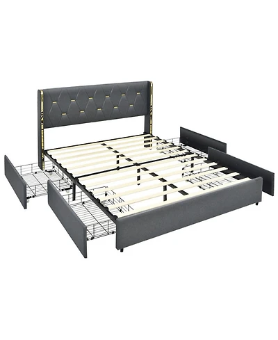 Gouun Full Upholstered Platform Bed Frame with 4 Rolling Storage Drawers