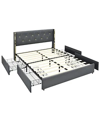 Gouun Full Upholstered Platform Bed Frame with 4 Rolling Storage Drawers