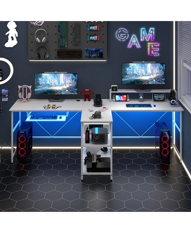 Gouun 2-Person Computer Desk 94.5in Led Lights Monitor Stand Reversible