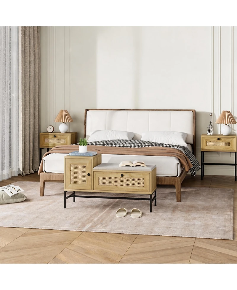 Farmhouse Shoe Bench, 39 Inch Wood Storage Bench with Rattan Cabinet and Drawer, Cushioned Entryway Seating for Hallway