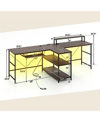 Gouun 2-Person Computer Desk Led Lights Monitor Stand Storage