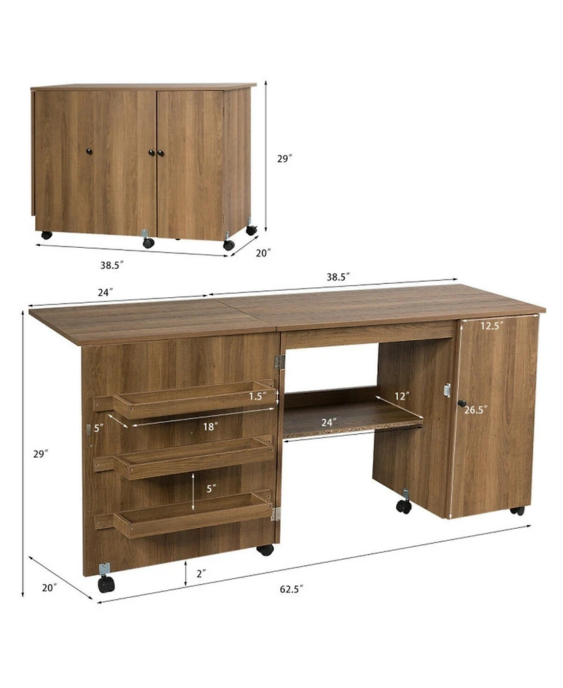 Gouun Folding Sewing Craft Table Storage Shelves Lockable Casters Cabinet