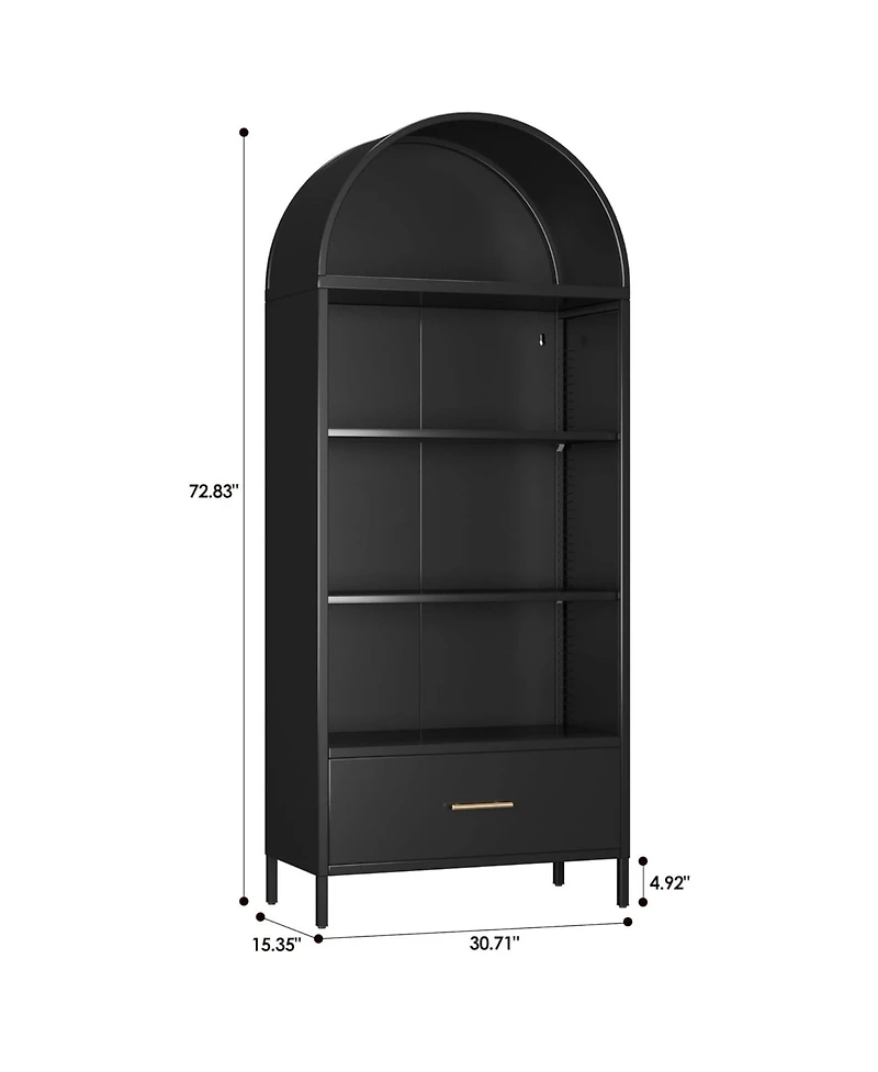 Boyel Living Arched Metal Bookshelf with Drawer, Modern Open Display Cabinet and Tall Storage Shelf