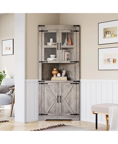 homfan 67 Inch Space-Saving Farmhouse Corner Cabinet - 4 Doors, Adjustable Shelves, Glass Door - Entryway Storage Furniture for Living Room, Kitchen