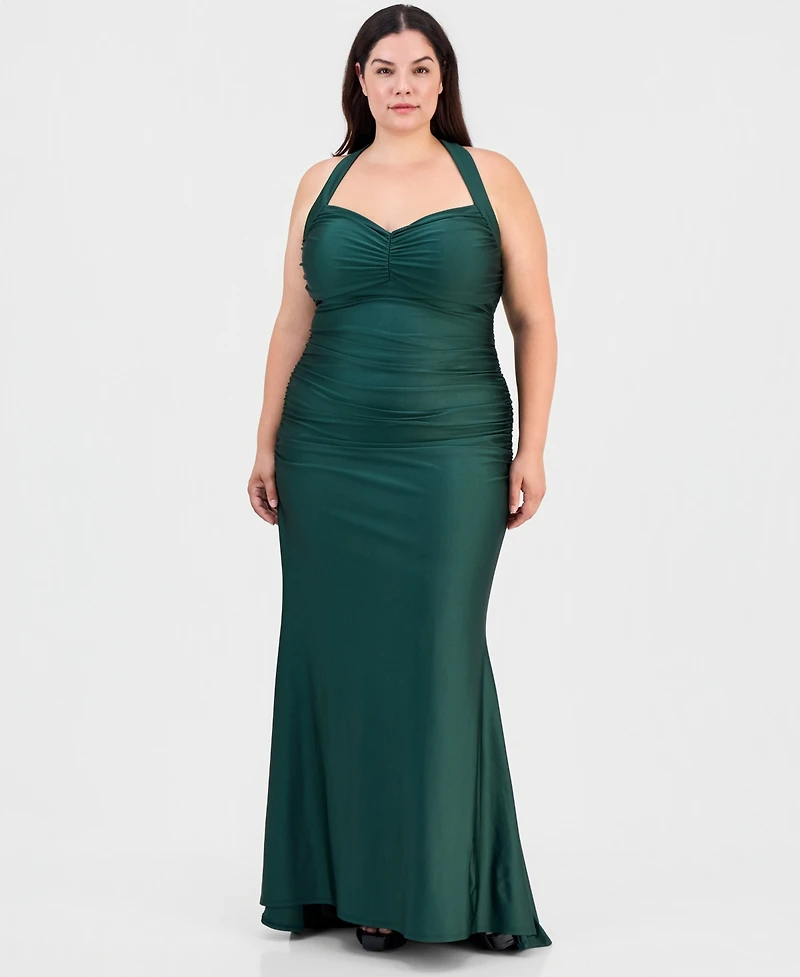 B Darlin Trendy Plus Shiny Knit Ruched Back-Tie Gown
