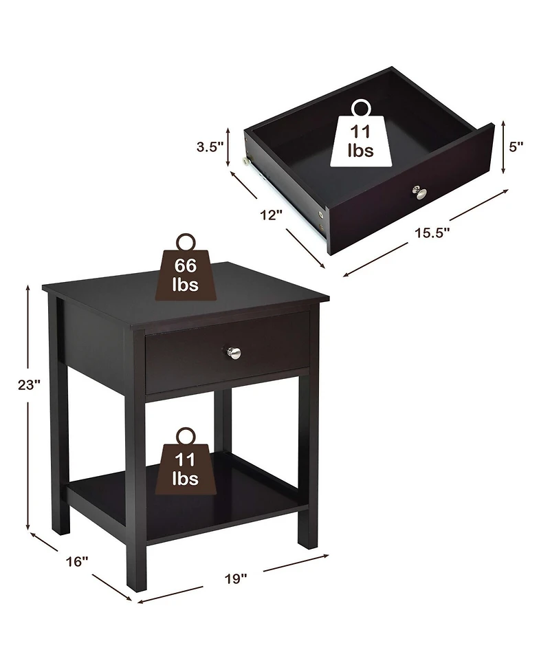 Gymax 2PCS 2-Tier Nightstand Modern Side End Table w/ Drawer & Open Shelf White
