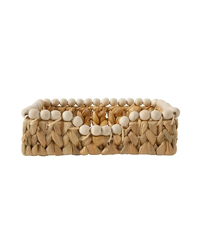 Gibson Home Woven Decorative Napkin Holder Tray - Water Hyacinth Square Basket with Wood-Bead Trim for Napkins