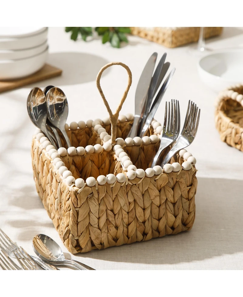 Gibson Home Woven Utensil Caddy with 4 Compartments, Hand-Braided Water Hyacinth Basket with Wood-Bead Trim