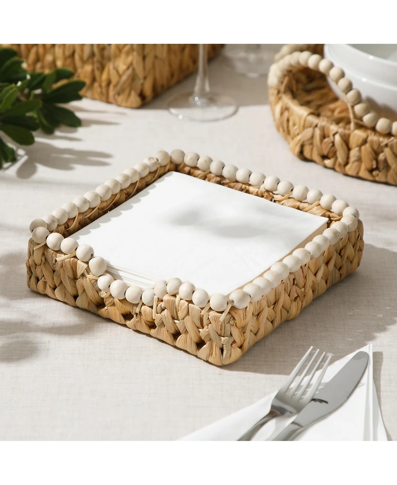 Gibson Home Woven Decorative Napkin Holder Tray - Water Hyacinth Square Basket with Wood-Bead Trim for Napkins