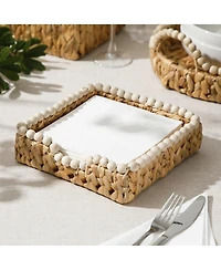 Gibson Home Woven Decorative Napkin Holder Tray - Water Hyacinth Square Basket with Wood-Bead Trim for Napkins