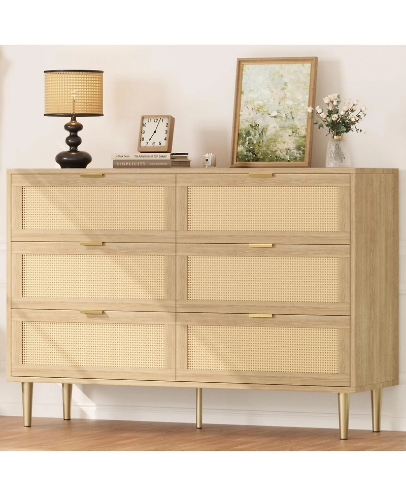 gaomon Natural Rattan 6 Drawer Dresser for Bedroom, Chest of Drawers with Legs and Handles