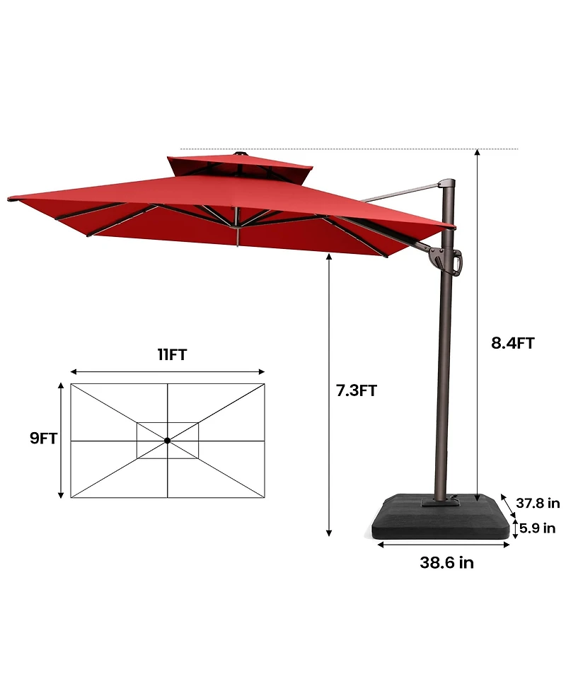 Pellebant 9 x 11Feet Outdoor Patio Double Top Square Aluminum Cantilever Umbrella with Umbrella Base