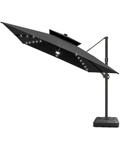 Pellebant Outdoor Patio 11x11Feet Aluminum Double Canopy Solar Lights Cantilever Umbrella with Wheel Base
