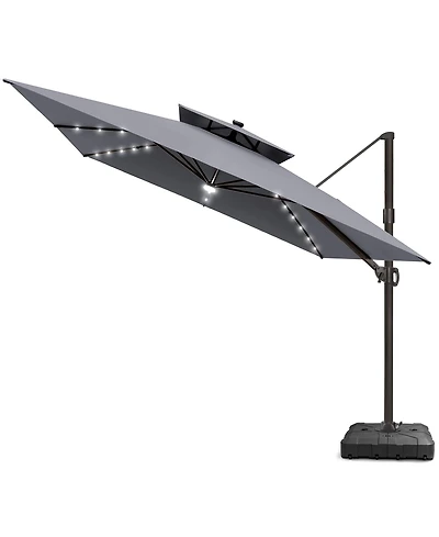 Pellebant Outdoor Patio 11x11Feet Aluminum Double Canopy Solar Lights Cantilever Umbrella with Wheel Base