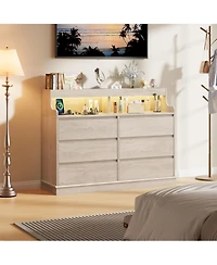 gaomon Dresser for Bedroom with 6 Drawers, Modern Chest Featuring Led Lights and Charging Station