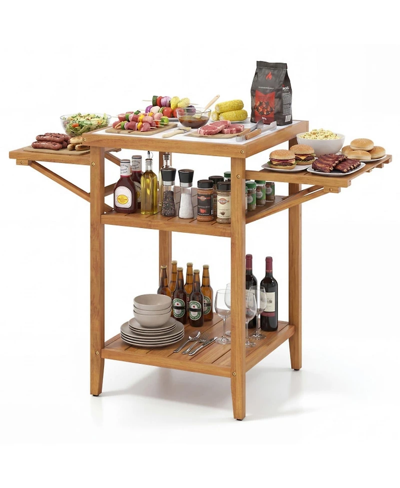 Gouun Acacia Wood Grill Table with Faux Marble Top and Drop-Leaf Sides