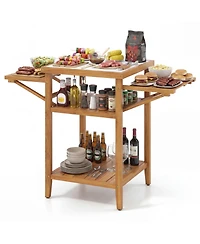 Gouun Acacia Wood Grill Table with Faux Marble Top and Drop-Leaf Sides