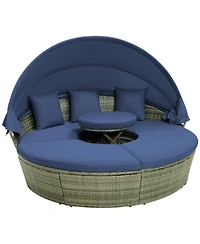 Gouun Outdoor Round Wicker Daybed with Retractable Canopy and Cushions