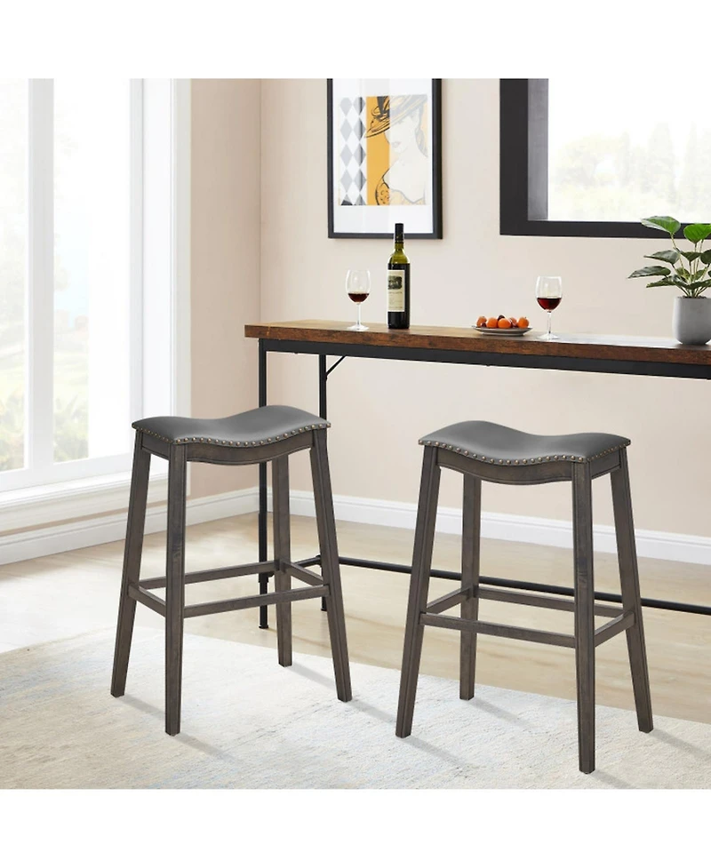 Gouun Set of 2 Backless Bar Stools with Nailhead Pvc Leather Seat
