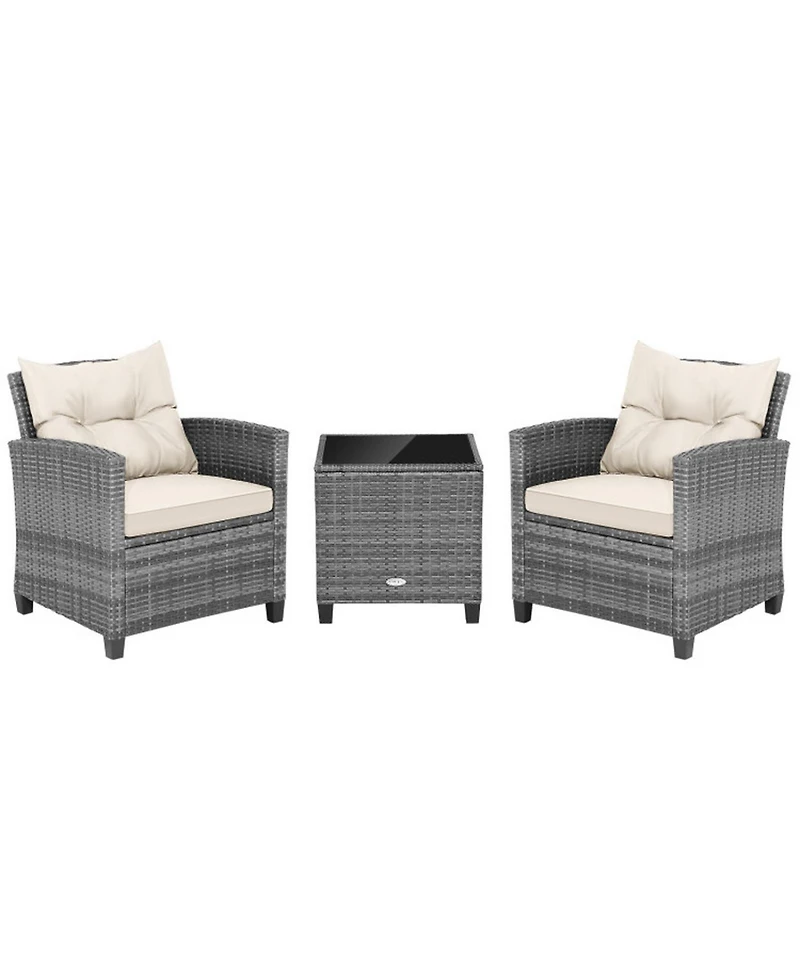 Gouun 3-Piece Outdoor Wicker Conversation Set with Glass Table