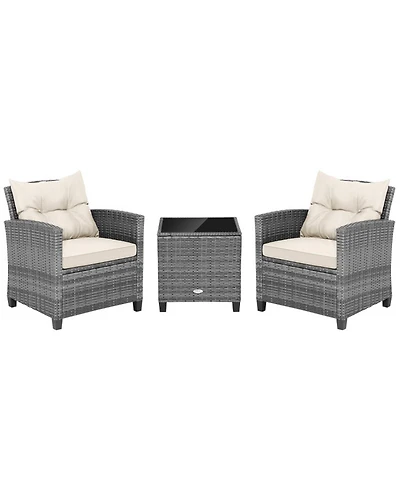 Gouun 3-Piece Outdoor Wicker Conversation Set with Glass Table