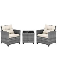 Gouun 3-Piece Outdoor Wicker Conversation Set with Glass Table