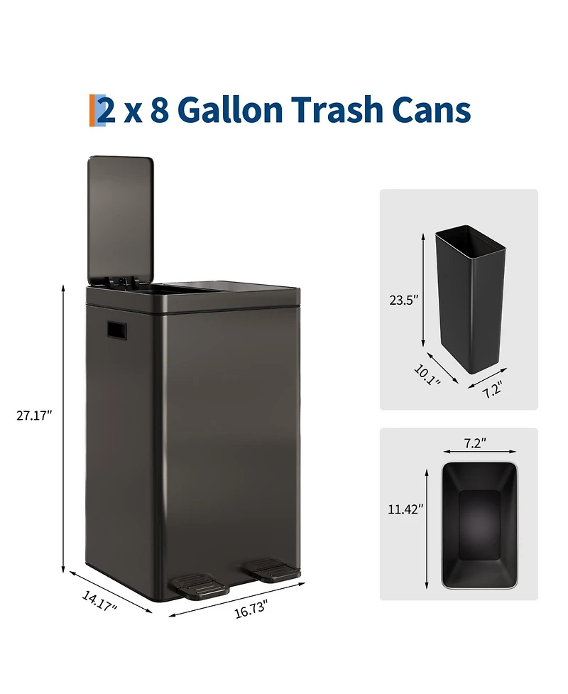 gaomon2×8-gallon double-bin stainless steel trash can set with a foot pedal and soft-close lid, suitable for kitchens, living rooms, bedrooms