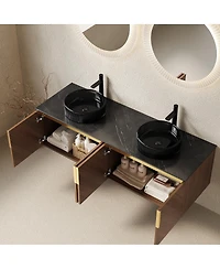 Sillysis 60 Inch Double Sink Bathroom Vanity, Sintered Stone Top, Double Glass Vessel Sink, Soft Close Large Storage