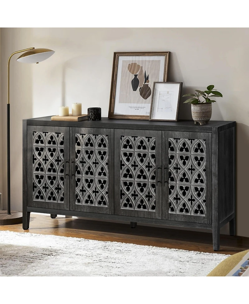 Clihome Hollow Four Door Antique Cabinet, American Country Style, Suitable for Living Room, Tv Kitchen