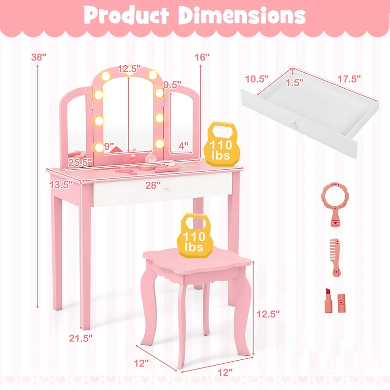 Slickblue 2 1 Kids Vanity Table Set with Tri Folding Detachable Mirror and Lights
