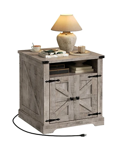 Slickblue Wooden Farmhouse Bedside Table 23.6 Inch with Charging Station